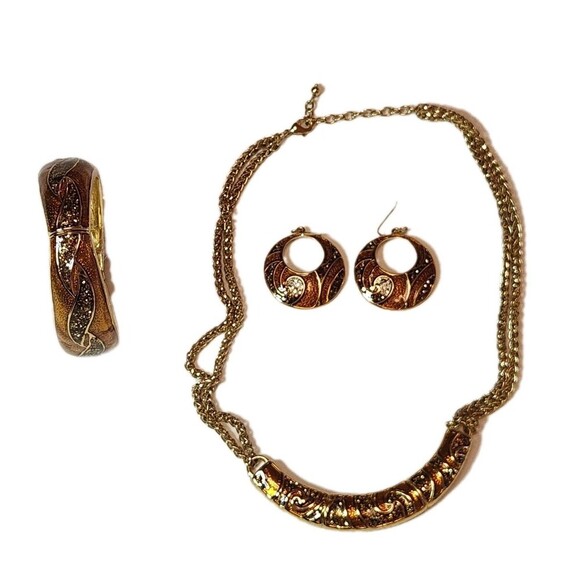 Shimmery Golden Brown Jewelry Set Necklace, Earrings &Bracelet Elegant Unbranded - Picture 1 of 7